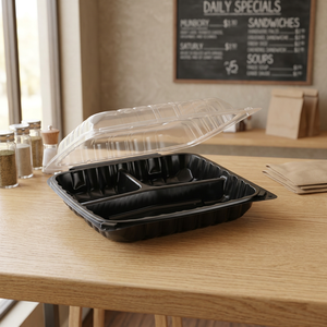 XDJ Black PP Hinged Clamshell <b>Food</b> <b>Container</b> with Clear Lid 9x9 Inch Microwave Safe Bento Box for Noodle and Meals - Product Image 2