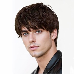 Perruque pour <span class=keywords><strong>homme</strong></span>, courte, droite et bouclée, marron/noir, volumineuse, avec frange oblique et soignée, <span class=keywords><strong>coiffure</strong></span> modifiable en une seule pièce - Product Image 5