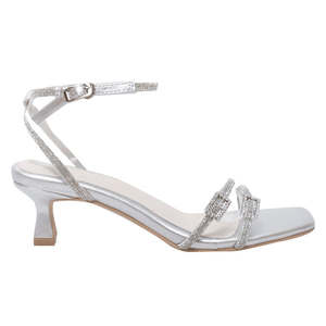 Open Toe <b>Silver</b> Stiletto Party <b>Sandals</b> with Square Design - Product Image 1