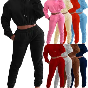Hochwertige Damen Athletic Sportswear Custom Dickes Fleece Baumwolle Langarm Crop Hoodie und Jogging Jogging hose 2-teiliges Set