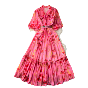 Vestido Túnica Largo Casual para Mujer con Cuello de Lazo Romano, Tejido Transpirable, Manga Abullonada, Estampado Digital, Volantes y Encaje - Product Image 1