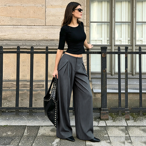 Pantalones de Traje de Pierna Ancha con Rayas Gris Oscuro Estilo Urbano Francés para Mujer, Elegantes y Holgados para la Oficina o el Trabajo Diario - Product Image 2