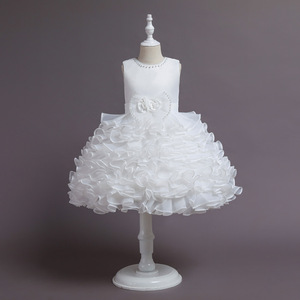 Vestidos de fiesta de cumpleaños para niñas de 3 años, novedad, cuello redondo con cuentas, pastel esponjoso sin mangas, lazo de boda, elegante, blanco - Product Image 1