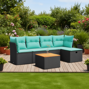 Set di divani da giardino in polyrattan nero da 6 pezzi con cuscini, set di sedute da esterno per arredamento da giardino - Product Image 2