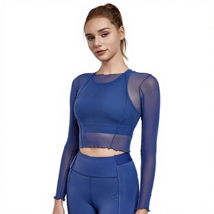 Haut de yoga et de fitness sexy pour femme, légèrement transparent, respirant, en maille 3D, coupe ajustée, manches longues, avec logo frontal, en Spandex/Nylon - Product Image 3