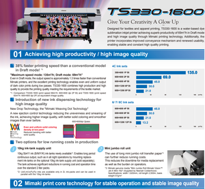 Imprimante Mimaki <span class=keywords><strong>TS330</strong></span>-<span class=keywords><strong>1600</strong></span> à sublimation/solvant 2027 pour textiles et vêtements, à base d'encre à sublimation par transfert thermique à l'eau Mimaki <span class=keywords><strong>TS330</strong></span>-160 - Product Image 2