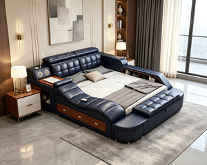 Letto Smart in Pelle di Lusso, Misura King/<span class=keywords><strong>Queen</strong></span>, Reclinabile Elettrico con Vano Contenitore, Altoparlante Musicale e Massaggio Intelligente, Arredamento Camera da Letto - Product Image 1