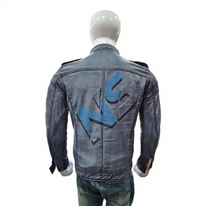 Blouson de moto en cuir pour homme Nabtay Sports, col montant, fermeture éclair frontale, style motard, coupe ajustée, finition délavée, idéal pour l'automne - Product Image 3