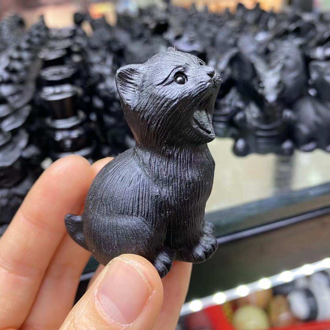 Sıcak satış halk el sanatları şifa doğal kristal kuvars siyah obsidyen kedi kristal oyma hayvanlar