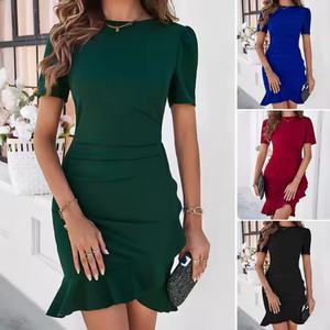 Vestido de Verano 2025 Elegante de Color Liso para Mujer, Manga Corta, Largo hasta la Rodilla, Estilo Club, Ajustado a la Cadera, Casual Transfronterizo para Ocasiones, con Patchwork - Product Image 2