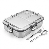 Boîte à lunch bento personnalisée en acier inoxydable 304, 3 compartiments, anti-fuite, sans BPA, avec couvercle en plastique et couverts pour le bureau et l'école