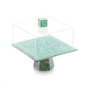 Wooden And Acrylic <b>Cake</b> Stand With Mother Of Pearl Square Shape <b>Cake</b> Stand <b>Wedding</b> Birthday And Party Decor - Product Image 1