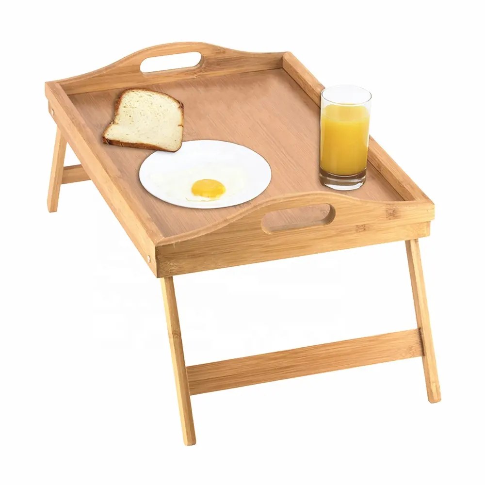 कस्टम लकड़ी के बांस ट्रे मेज तह पैर के साथ, और पैरों के साथ नाश्ता ट्रे बांस बिस्तर टेबल और बिस्तर ट्रे