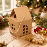 Boîte cadeau de Noël en forme de maison, emballage de bonbons et biscuits de dessin animé avec poignée en corde et fenêtre pour petits articles