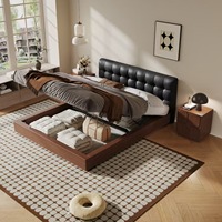 Lit plateforme en cuir capitonné à bulles avec rangement, base en bois de pin à profil bas, éclairage LED sous le lit, sans sommier, personnalisable OEM