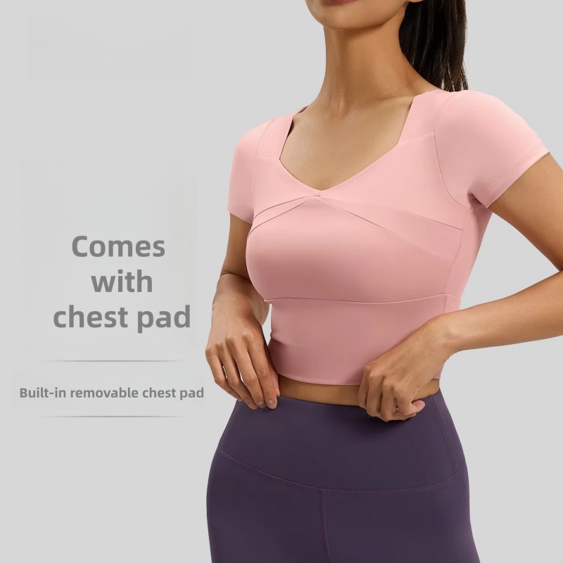 Stitching Yoga Clothing with Chest Pad Quick Dry Short Sleeve Naked Slim Sports Fitness Top Women