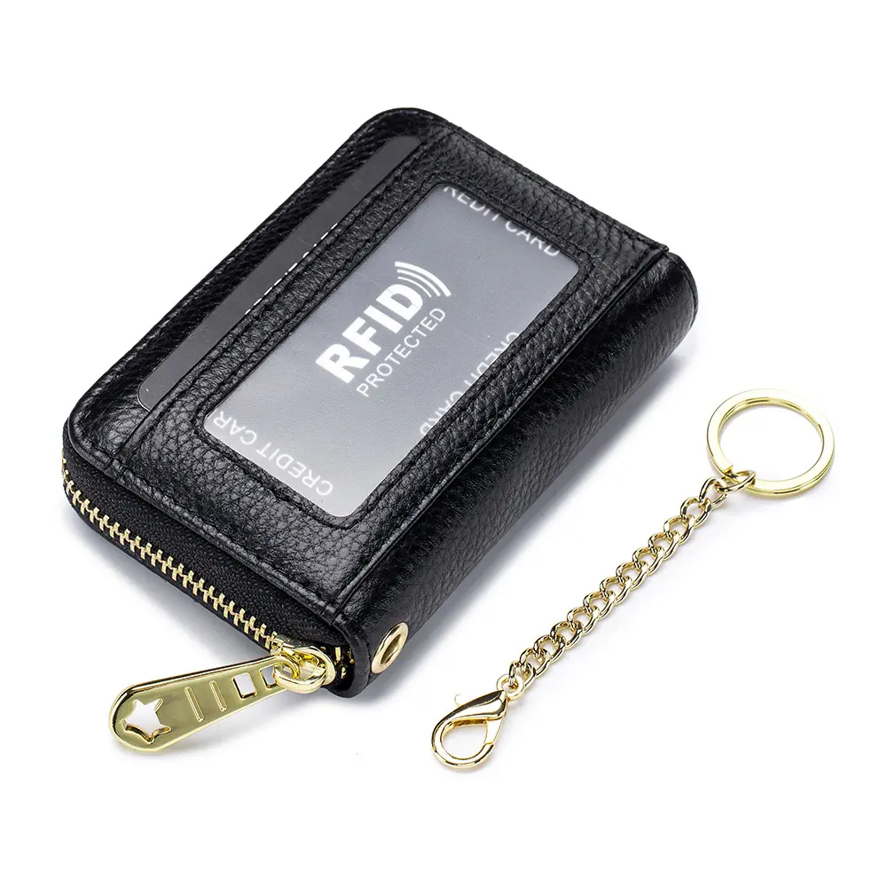 RFID 차단 여성 지퍼 신용 카드 지갑 정품 가죽 키 지갑 지갑