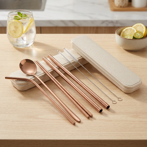 Reusable <b>Metal</b> Drinking <b>Straws</b> Set 4 Pack Rose Gold Minimalist Cocktail Bar Accessories with Cleaning Brush and Carry Case - Product Image 4