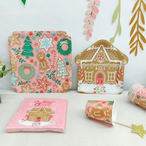 Decoraciones Navideñas DAMAI, Plato con Forma de Casita de Jengibre con Corona de Árbol, Vajilla Desechable, Platos, Vasos y Servilletas de Papel - Product Image 1