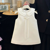 Gaun Bayi Perempuan Model A-Line Selutut Bahan Satin Sutra Lapis Katun Ramah Lingkungan Elegan Formal dengan Kerah Peter Pan dan Pita
