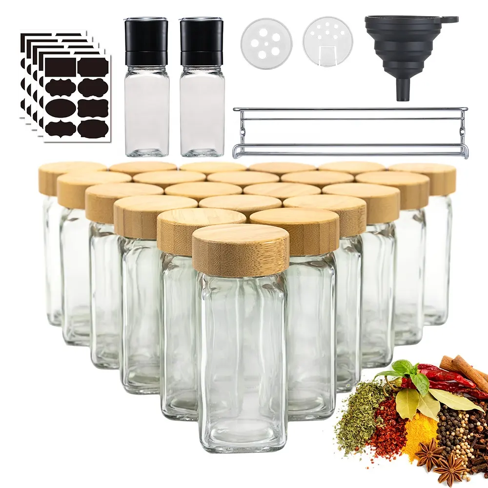 Bán buôn vuông 4oz thủy tinh gia vị Jar gia vị container Đặt nắp tre muối và hạt tiêu Máy xay chai với nhãn và tổ chức