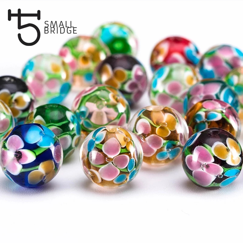 Vente en gros 12mm Murano fait à la main perles de verre au chalumeau femmes fabrication de bijoux bricolage perles fleur perles rondes transparentes