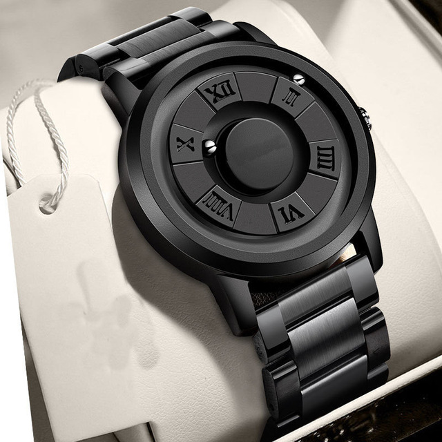 Stainless Steel Quartz Watch Men's Creative Fashion Personality Watch Black Rolling Hands Magnetic Waterproof Clock