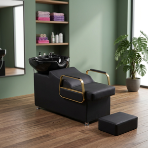 Semi‑Reclining Black Salon Shampoo <b>Chair</b> PU <b>Leather</b> Hair Washing Bed with Footrest Metal Frame - Product Image 5