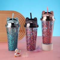 Diskon besar-besaran 500ml Tumbler berbentuk telinga tikus plastik dinding ganda dengan sedotan dan tutup Tumbler kubah telinga Mickey