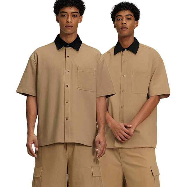 Mens Fashion Brand Color-block Collar Utility Shirt Short-sleeve High-quality Pure Cotton Workwear Style Summer Beaded