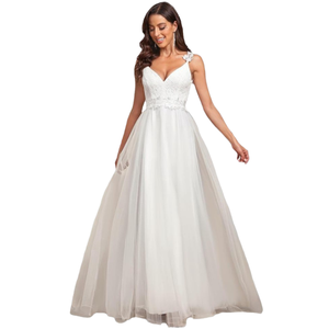 Elegant Light Lace Simple <b>White</b> A-Line Deep V Neck Spaghetti Straps Lace Appliques Wedding Dress Sweep Train <b>Tulle</b> Bridal Gown - Product Image 1