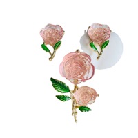 Broche de mariage en alliage en forme de rose, boucles d'oreilles à tige en argent, émail à effet goutte d'huile, feuilles vertes, cristal de glace transparent pour femme