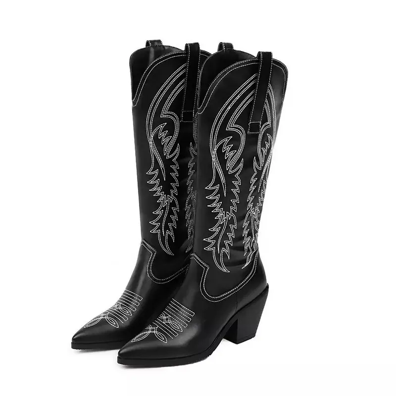 Botas de cowboy para meninas com novo design, botas de salto bloco de 7 cm em couro marrom, com bico de dedo, com suporte para OEM/DOM