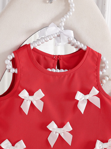 Set di Pantaloni per <span class=keywords><strong>Bambina</strong></span>, Elegante e alla Moda, Rosso Tinta Unita, Senza Maniche con Fiocco, Morbido 100% Poliestere - Product Image 3