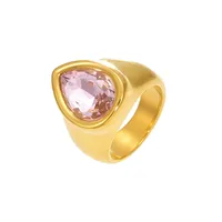 Anillo de Moda de Acero Inoxidable con Incrustaciones de Circonita Rosa en Forma de Lágrima, Anillo de Banda Ancha Pulido, Joyería para Uso Diario, Talla 7
