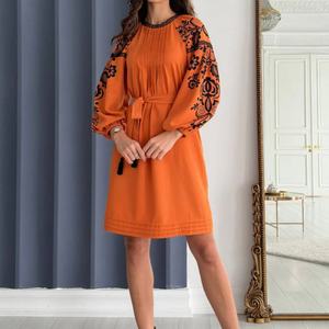 ชุดเดรสผ้าฝ้ายลินินทรงเอ สไตล์ลำลอง คอโอ แขนยาว ความยาวปานกลาง เหมาะสำหรับวันหยุดฤดูร้อนสำหรับผู้หญิง  ปรับแต่งได้ตามต้องการ - Product Image 2