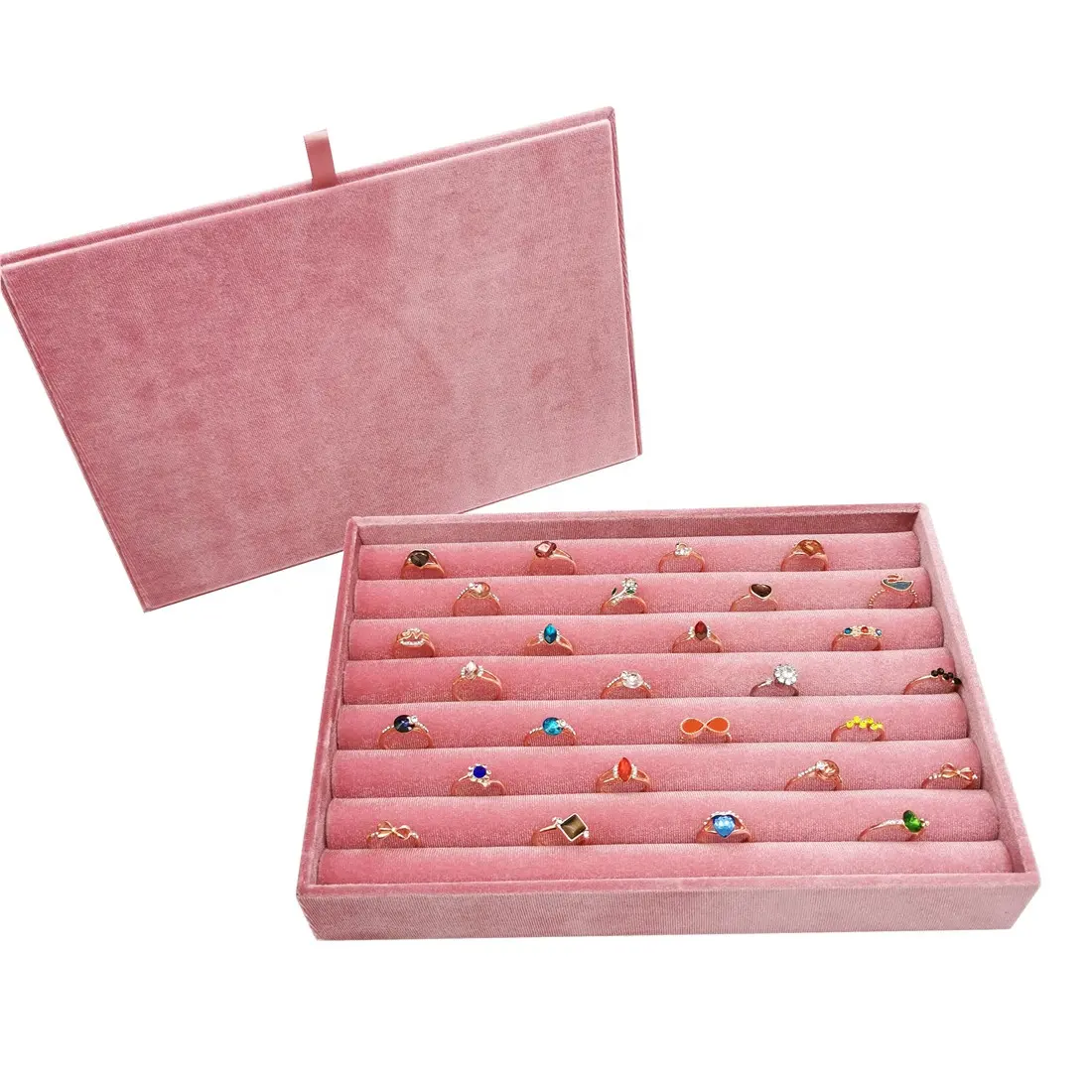 Ring Display Box Wholesale Jewelry Ring SLOT Display Box Velvet Ring Packaging Tray Box With Cover Stackable