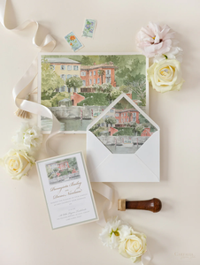Invitation de lieu de mariage aquarelle personnalisée avec feuille d'or | Villa Regina Teodolinda | Lac de Côme - Product Image 3