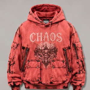 Sweat à capuche oversize imprimé Chaos pour homme, style streetwear, tie-dye rouge, avec poches, manches classiques, coupe en molleton bouclette, style automne - Product Image 1
