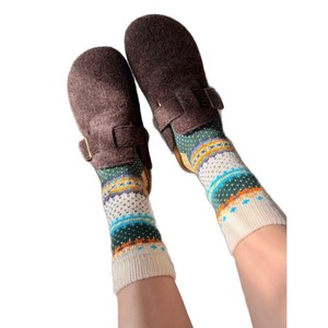 Calcetines de media pantorrilla estilo Fair Isle, azul oscuro, blanco arroz, color pasta de frijol, grosor medio, con patrón de dibujos animados, para mujer - Product Image 4
