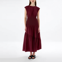Nouvelle Robe Midi Femme Bordeaux Tendance à Col Rond, Manches Courtes, Taille Froncée, Asymétrique à Volants, Coupe Évasée, Personnalisable en Gros