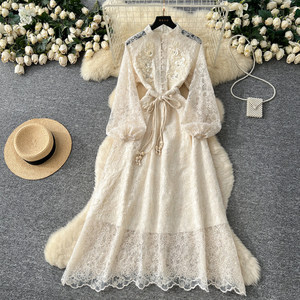 Elegante Abito in Chiffon con Ricami Floreali 3D e Vita Allacciata, Lussuoso Vestito da Sera Autunnale per Donna - Product Image 1