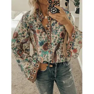 Blusa Fall Fashion Long Sleeve Woman Plus Size Floral Print Tshirts And Tops Turn Down Collar Long Tops For Women Blouses
