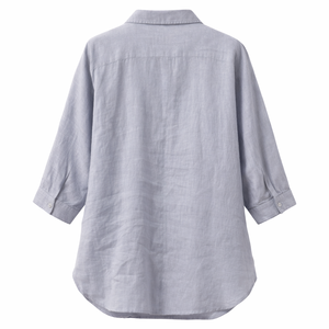 Camicetta Casual Personalizzata da Donna in Misto <span class=keywords><strong>Lino</strong></span> e Cotone, Blu Chiaro Beige con Applicazioni Floreali, Colletto e Orlo Curvo, Stampa Personalizzata - Product Image 5