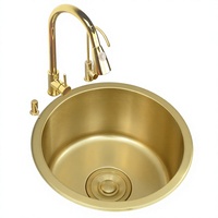 Évier de cuisine rond en acier inoxydable 304, finition nano dorée, style américain, avec robinet, pour îlot ou mini-bar