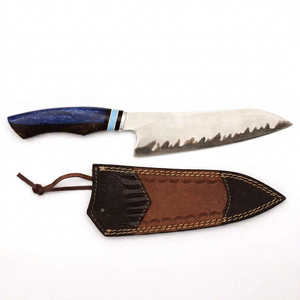 Couteau de chef japonais en acier forgé artisanal, manche en résine bleue, outil de cuisine - Product Image 1