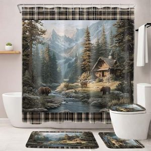 Rideau de douche en polyester à motif ours de cabane de montagne, impression numérique, imperméable, impression personnalisée, vente en gros, moderne - Product Image 1
