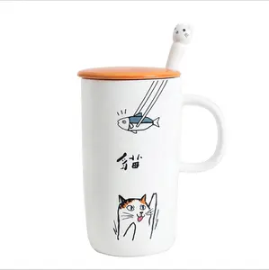 Yüksek kaliteli küçük taze Zakka sevimli karikatür mat kedi balık seramik fincan kupa ile logo