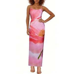 Vestido Largo sin Mangas con Tirantes Finos para Mujer, Estampado Floral Rojo, Ajustado, Formal, para Fiestas y Eventos - Product Image 4