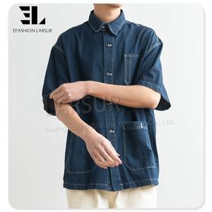 LARSUR produttore di abbigliamento personalizzato cotone saia maniche corte camicie da lavoro Multi tasca con bottone Jeans Jeans camicia da lavoro per gli uomini - Product Image 2
